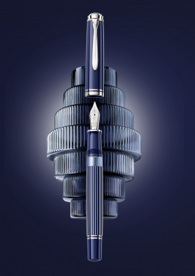 Stilou Souveran M815 Striped Blue F, penita aur 18k, accesorii placate cu paladiu, corp albastru/argintiu, Pelikan